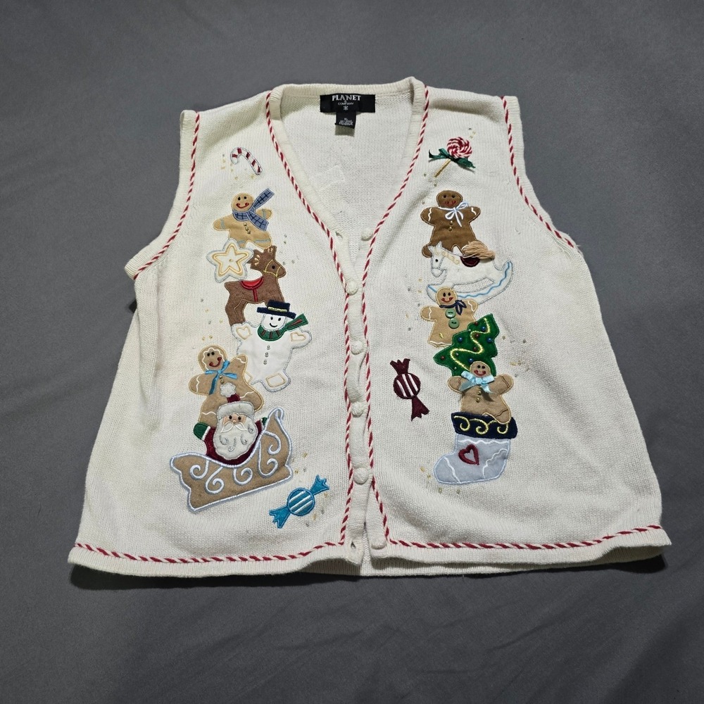 Planet & Company Sweater Vest Womens XL Cream Gingerbread Santa Ugly Christmas